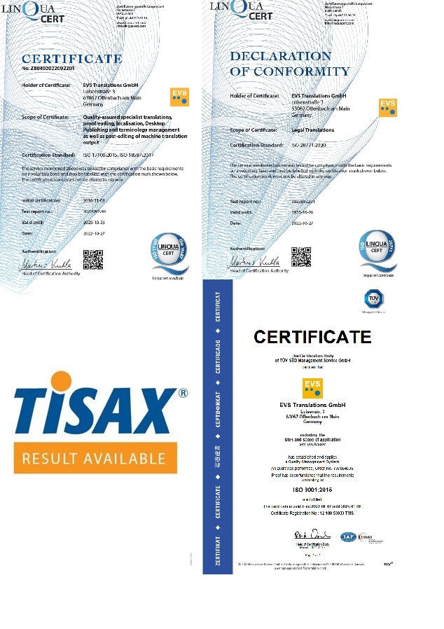 EVS Translations, a Top 100 LSP, Awarded Quadruple ISO Certification